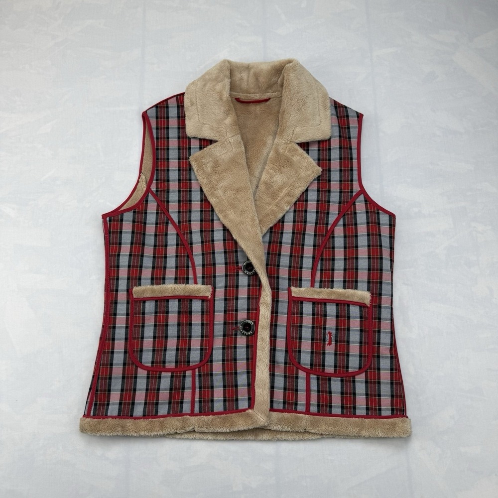 Golf Fashion Alaska Masters Wool Blend Plaid Vest Faux Shearling Women's 8